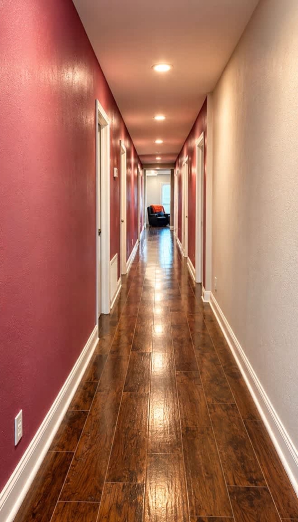 A long hallway with a deep red wall and bedroom doors down both sides.