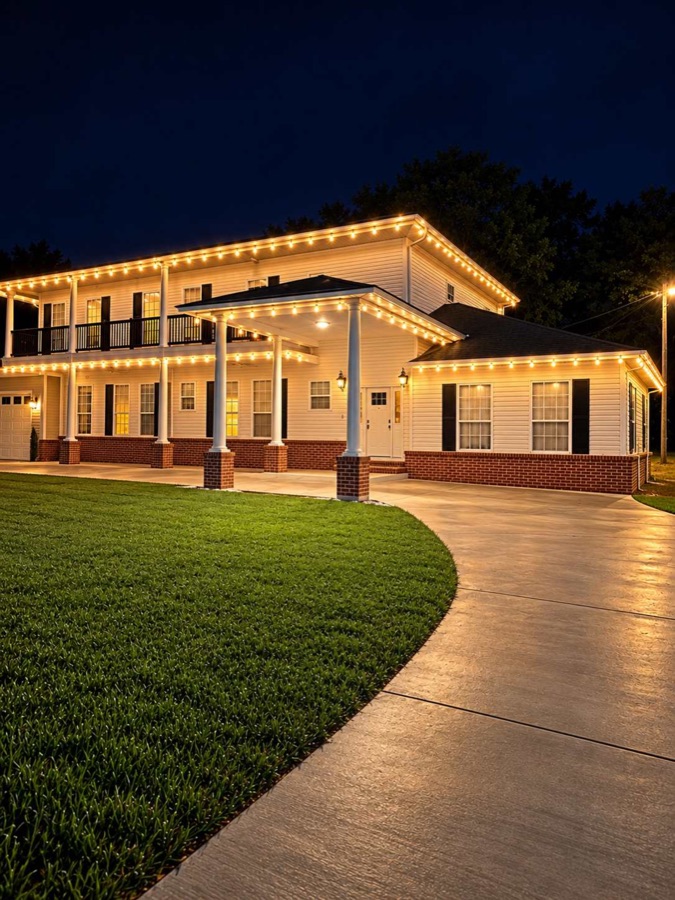 The house at dusk, warm string lights traced along the rooflines above a deep porch and brick columns.
