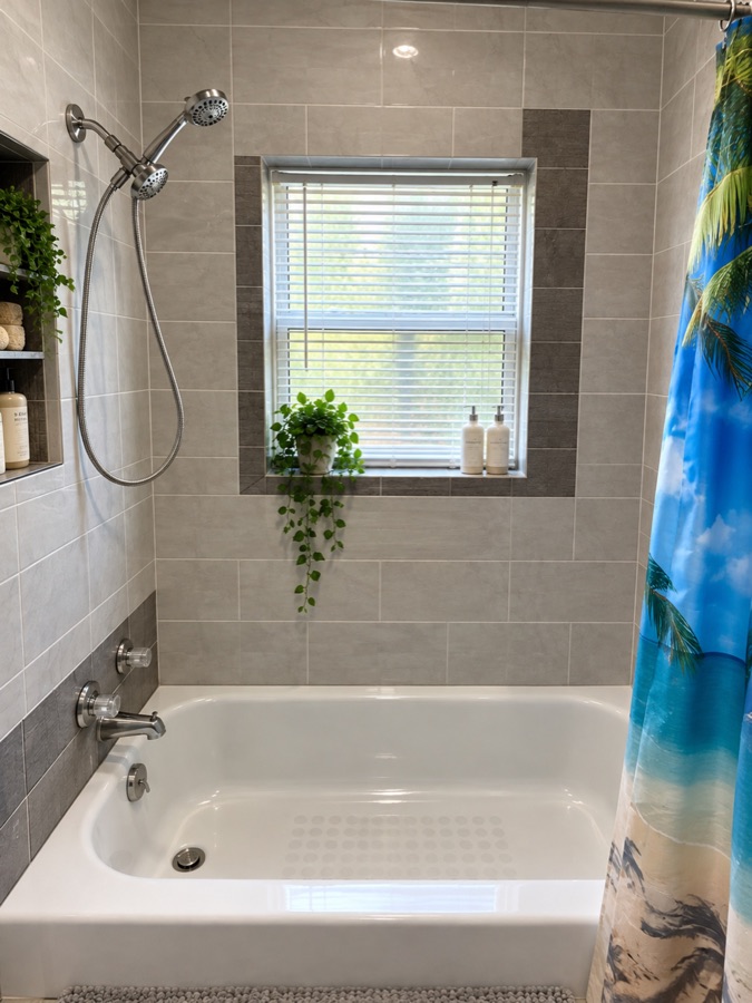 A tub and shower in grey tile with a recessed niche of toiletries and a trailing plant on the window ledge.