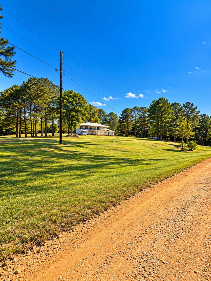 The gravel drive curving across a wide mown lawn toward the white two-storey house in the distance, framed by tall pines under an open blue sky.